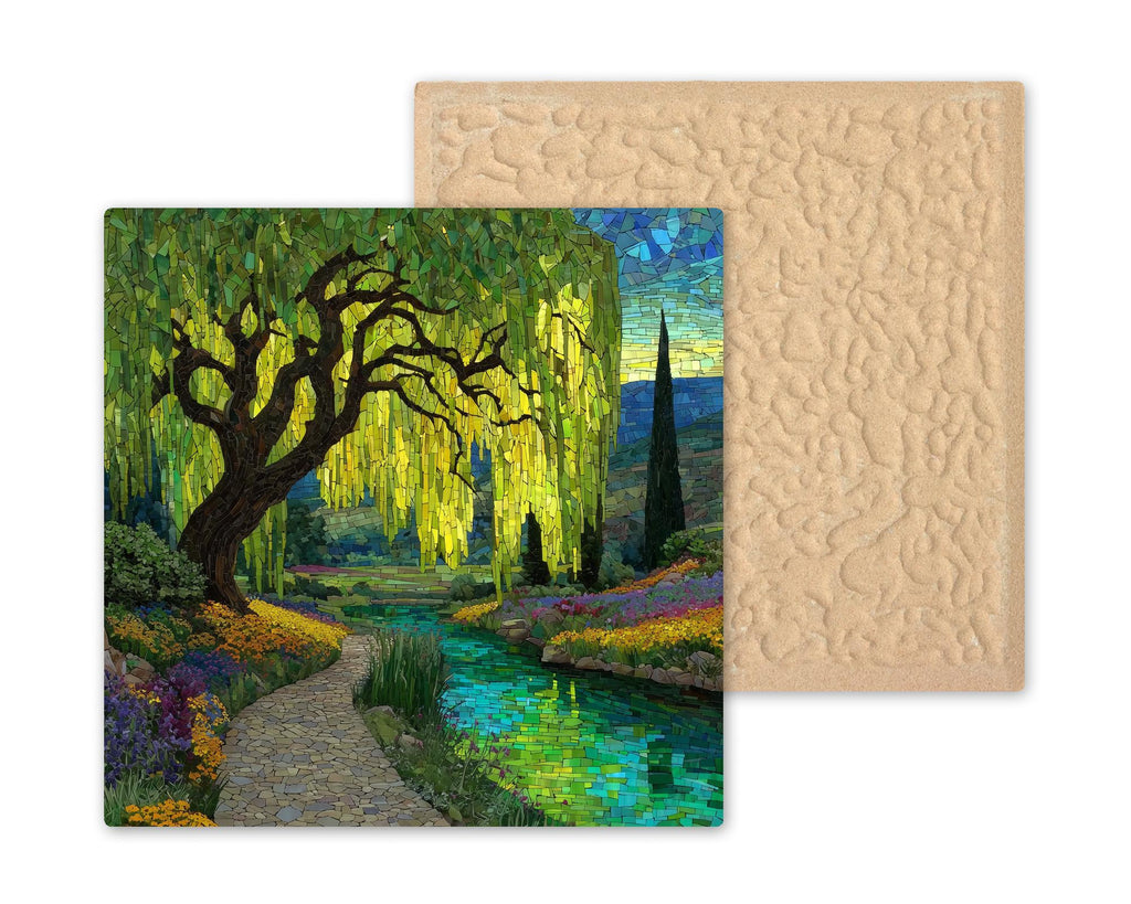 Weeping Willow Wall Art Ceramic Tile Stained Glass Style Nature Garden Landscape Peaceful Botanical DecorArt