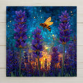 Stained glass style ceramic tile of a lavender field close-up with tall lavender stalks filling the frame in layered jewel-tone purples from deep violet to pale lilac, with a honey bee resting on one stalk, rendered with luminous copper leaded lines and a cobalt sky above.