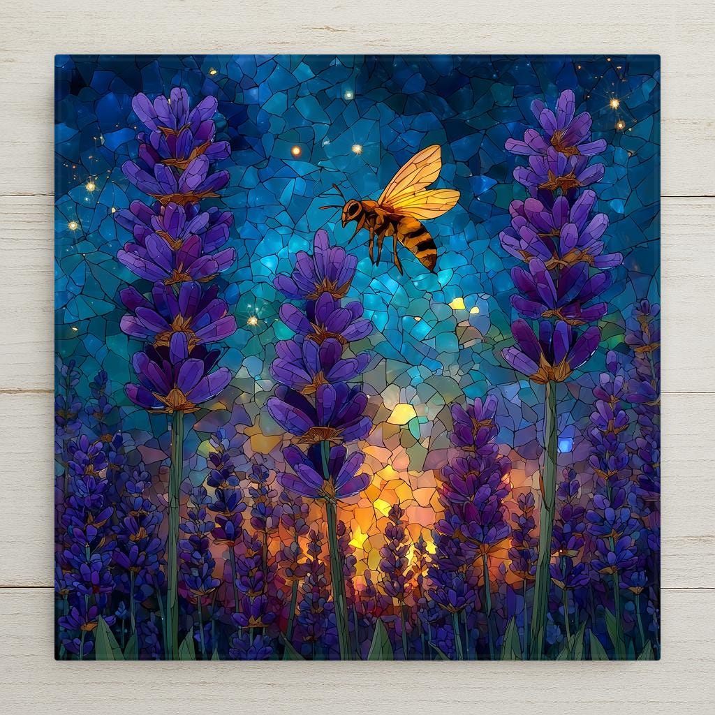 Stained glass style ceramic tile of a lavender field close-up with tall lavender stalks filling the frame in layered jewel-tone purples from deep violet to pale lilac, with a honey bee resting on one stalk, rendered with luminous copper leaded lines and a cobalt sky above.
