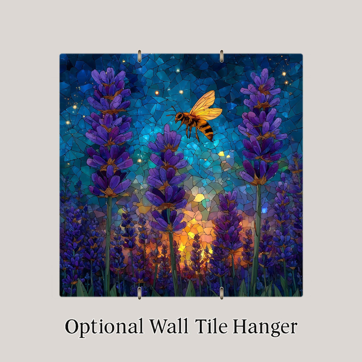 Lavender Field Ceramic Art Tile – Stained Glass Style, Purple Botanical Garden, Bee Lavender Lover Gift, Floral Decor