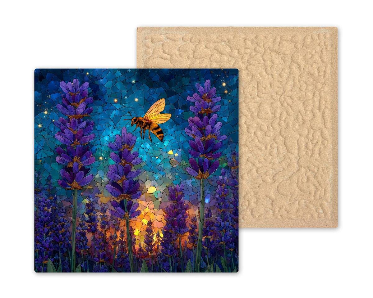 Lavender Field Ceramic Art Tile – Stained Glass Style, Purple Botanical Garden, Bee Lavender Lover Gift, Floral Decor