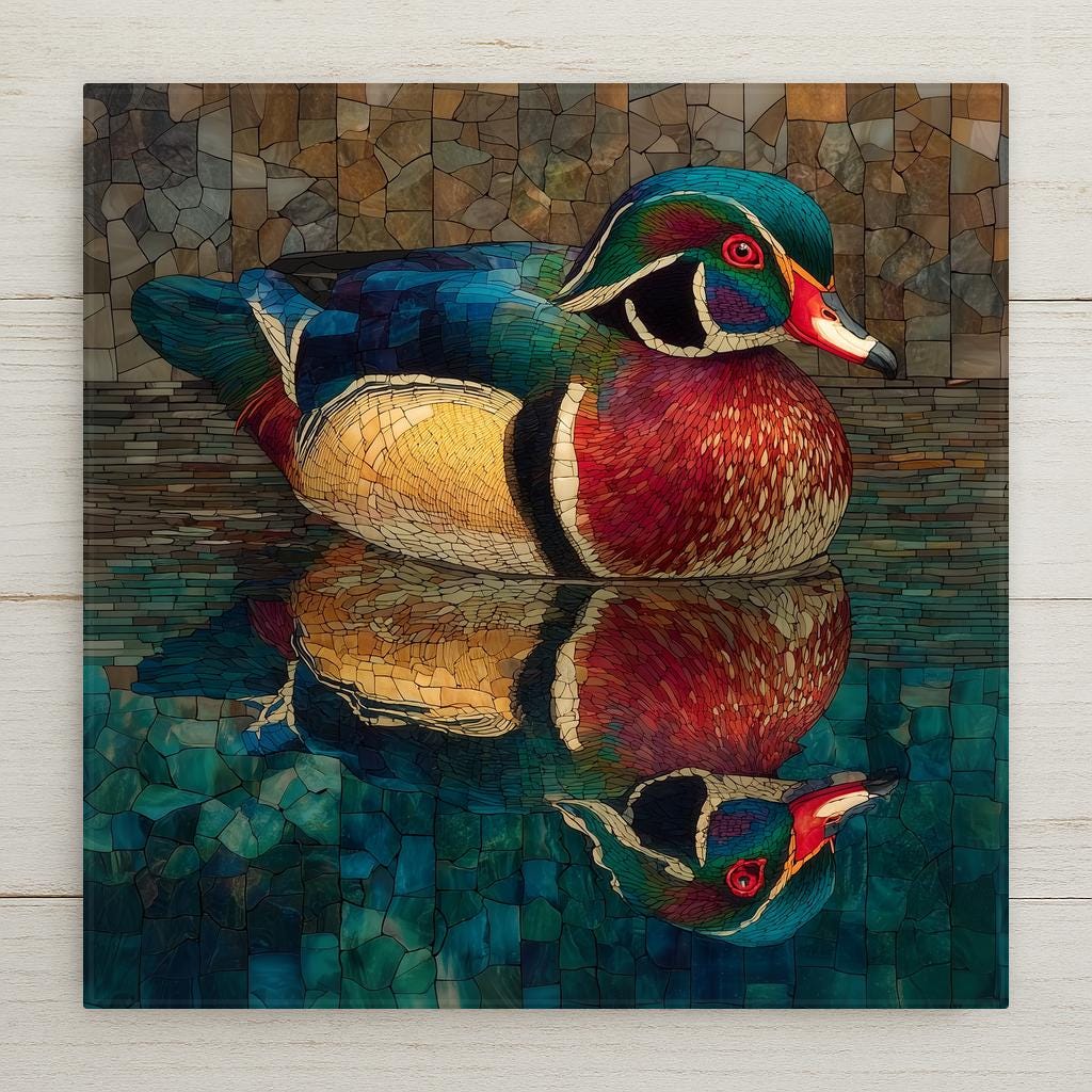 Stained glass mosaic style ceramic tile of a male Wood Duck in full iridescent breeding plumage swimming on still water, his perfect reflection visible in the teal-blue surface below, rendered in jewel-tone teals, emerald greens, chestnut reds, golden cream, and deep navy with intricate mosaic leaded lines throughout.