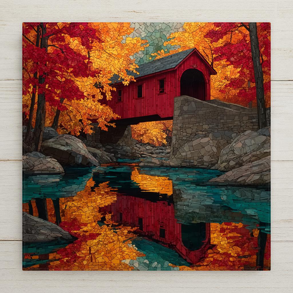 Stained glass style ceramic tile of a classic red covered bridge spanning a rocky New England stream in autumn, surrounded by blazing red and gold maple trees, rendered in jewel-tone autumn reds, golds, and amber with luminous copper leaded lines.