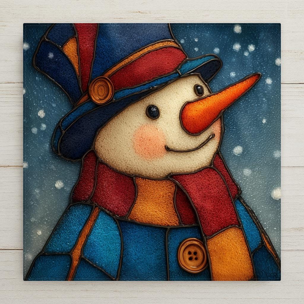 Ceramic art tile depicting a cheerful snowman with top hat and red scarf in jewel-tone stained glass style, deep blue winter sky with falling snowflakes and vibrant holiday colors