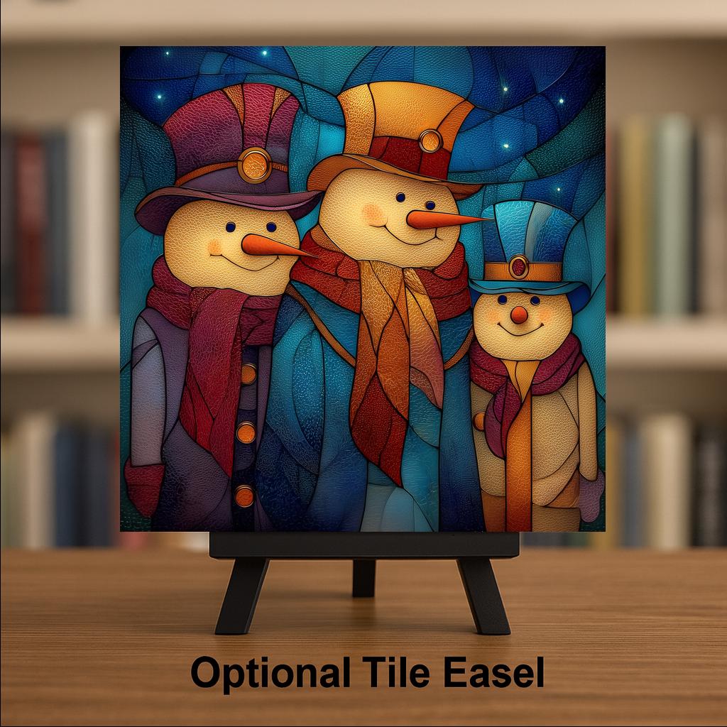 Snowman Family Wall Art Ceramic Tile Stained Glass Style Christmas Gift Holiday Winter Family Decor Art
