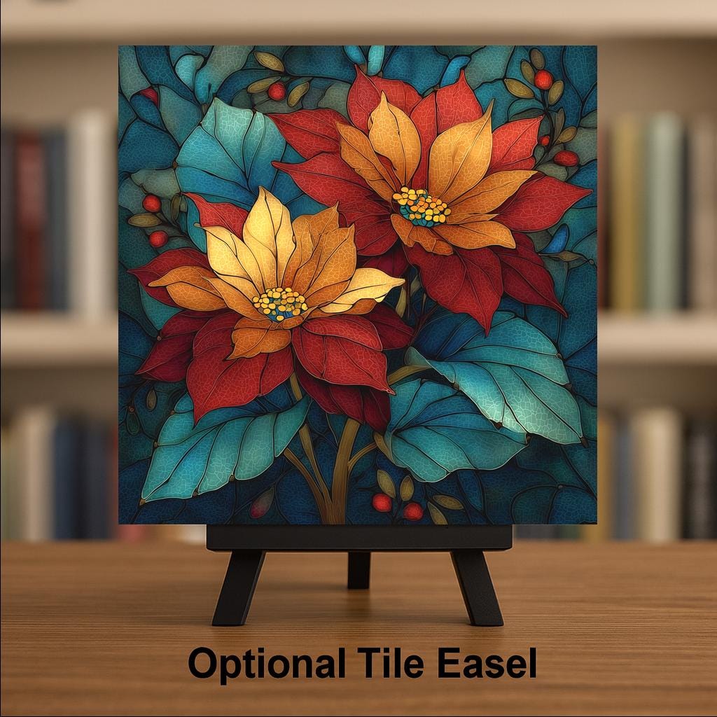Poinsettia Wall Art Ceramic Tile Stained Glass Style Christmas Gift Floral Botanical Holiday Decor Art