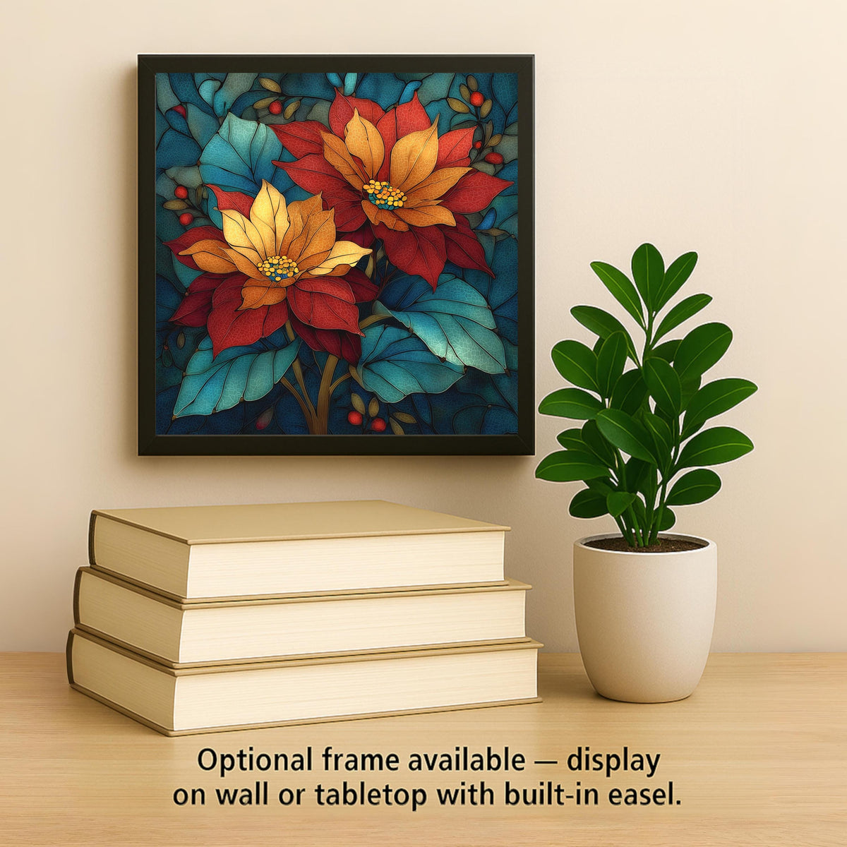 Poinsettia Wall Art Ceramic Tile Stained Glass Style Christmas Gift Floral Botanical Holiday Decor Art