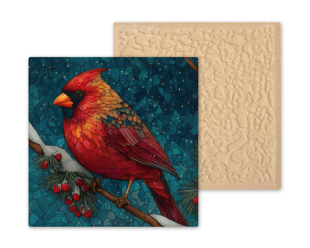 Cardinal in Snow Wall Art Ceramic Tile Stained Glass Style Christmas Bird Lover Gift Memorial Decor Art