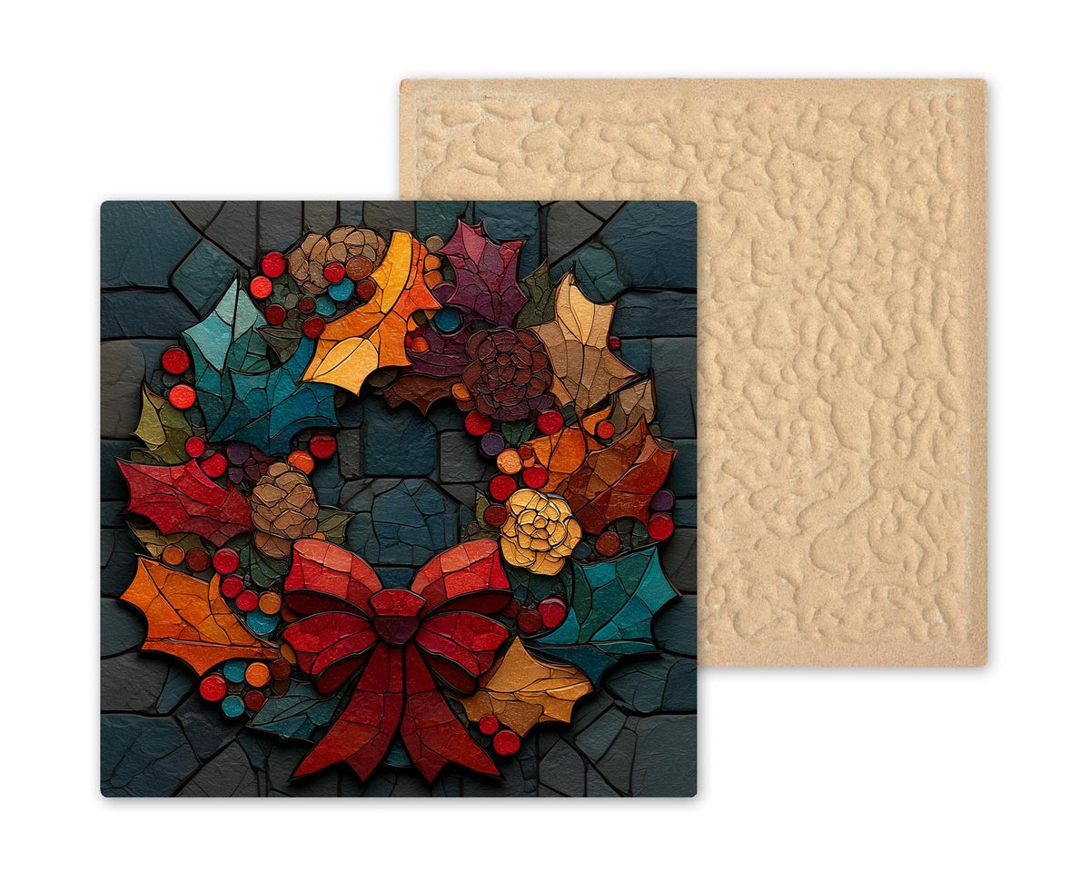 Christmas Wreath Wall Art Ceramic Tile Stained Glass Style Holiday Gift Holly Berry Winter Decor Art