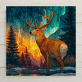 Ceramic art tile depicting a majestic reindeer with full antlers standing in a snowy pine forest with Northern Lights in the sky, rendered in jewel-tone stained glass style in deep blues and warm amber tones