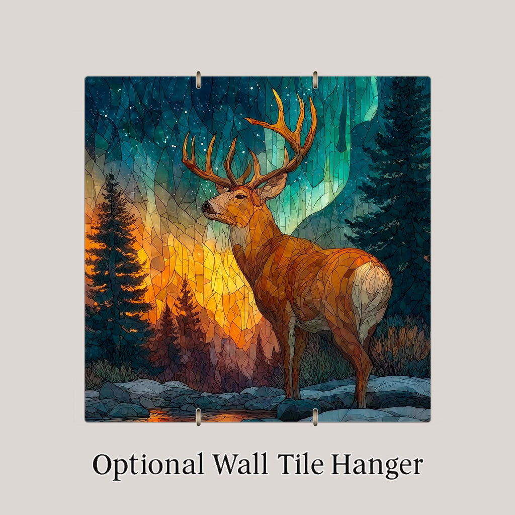 Reindeer Wall Art Ceramic Tile Stained Glass Style Christmas Wildlife Gift Winter Nature Cabin Decor Art