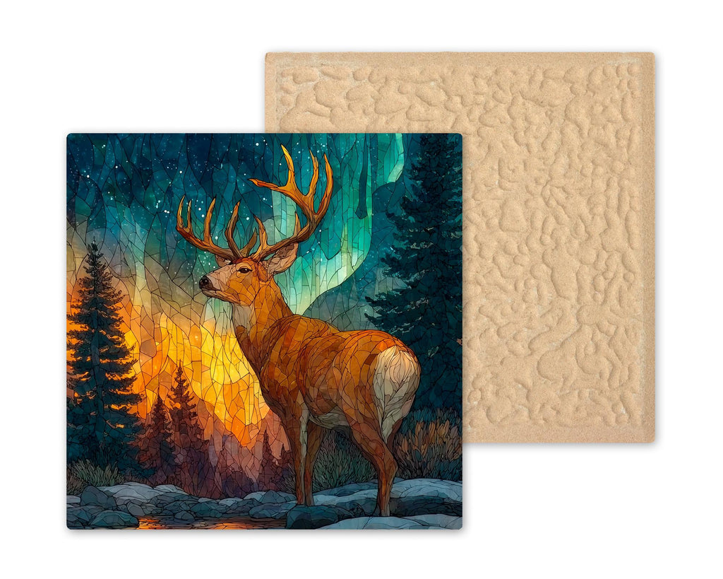 Reindeer Wall Art Ceramic Tile Stained Glass Style Christmas Wildlife Gift Winter Nature Cabin Decor Art