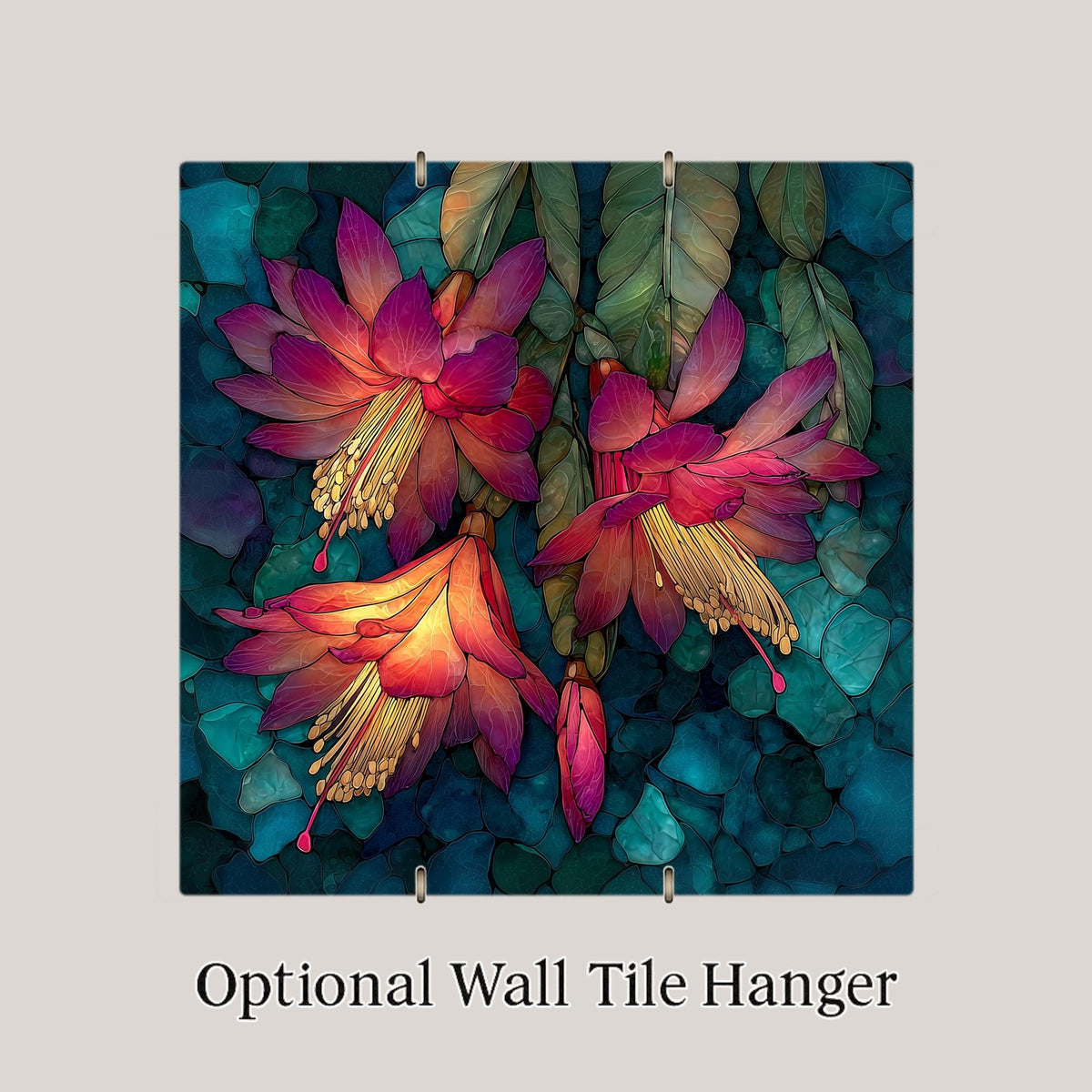 Christmas Cactus Wall Art Ceramic Tile Stained Glass Style Holiday Gift Floral Botanical Southwest Decor