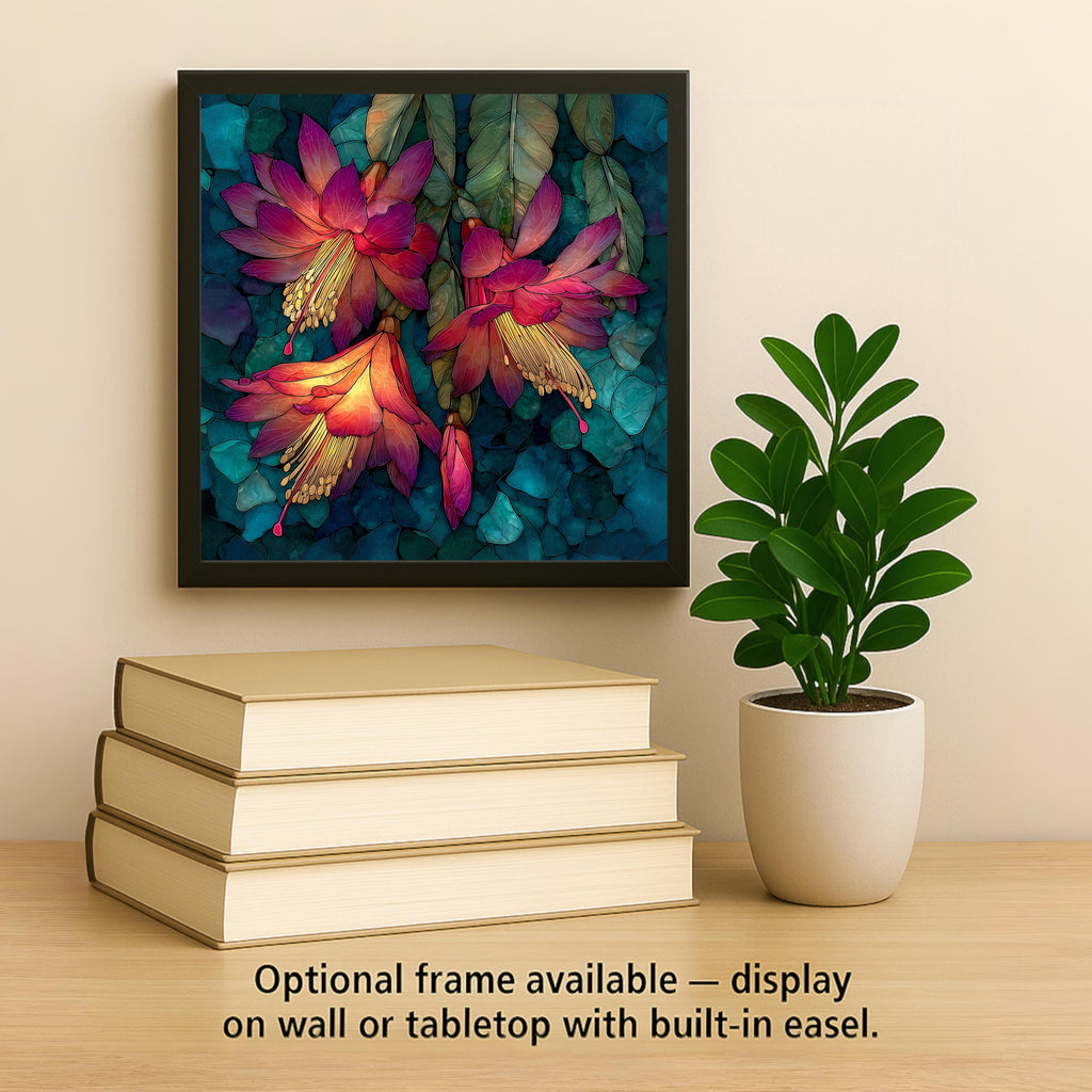Christmas Cactus Wall Art Ceramic Tile Stained Glass Style Holiday Gift Floral Botanical Southwest Decor
