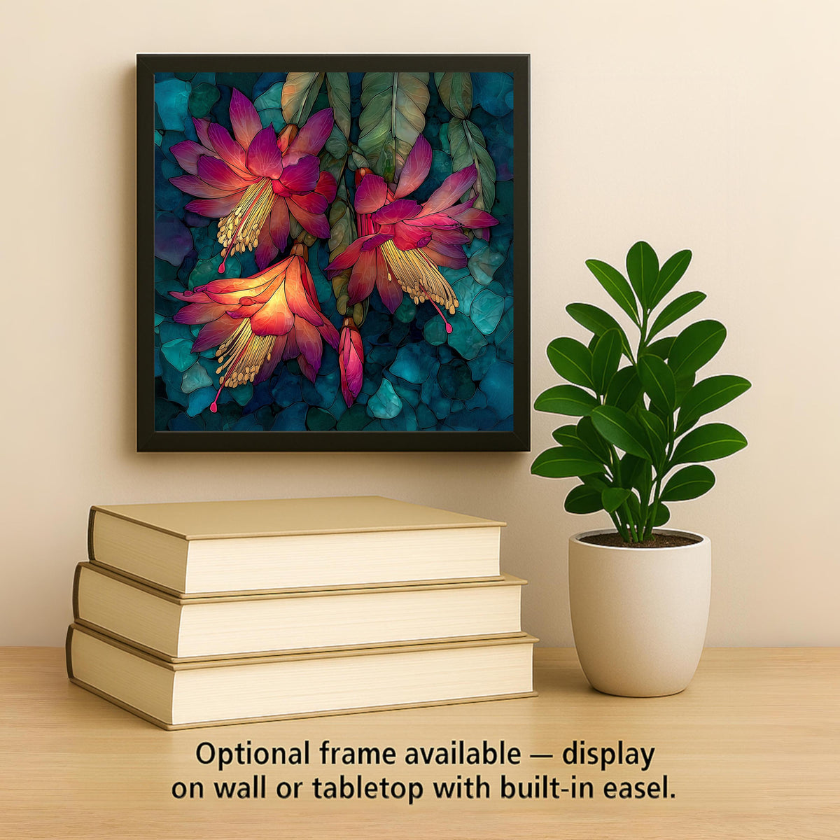 Christmas Cactus Wall Art Ceramic Tile Stained Glass Style Holiday Gift Floral Botanical Southwest Decor