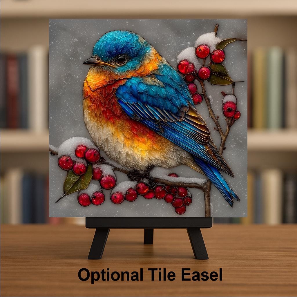 Winter Bluebird Wall Art Ceramic Tile Stained Glass Style Christmas Bird Lover Gift Birdwatcher Decor Art