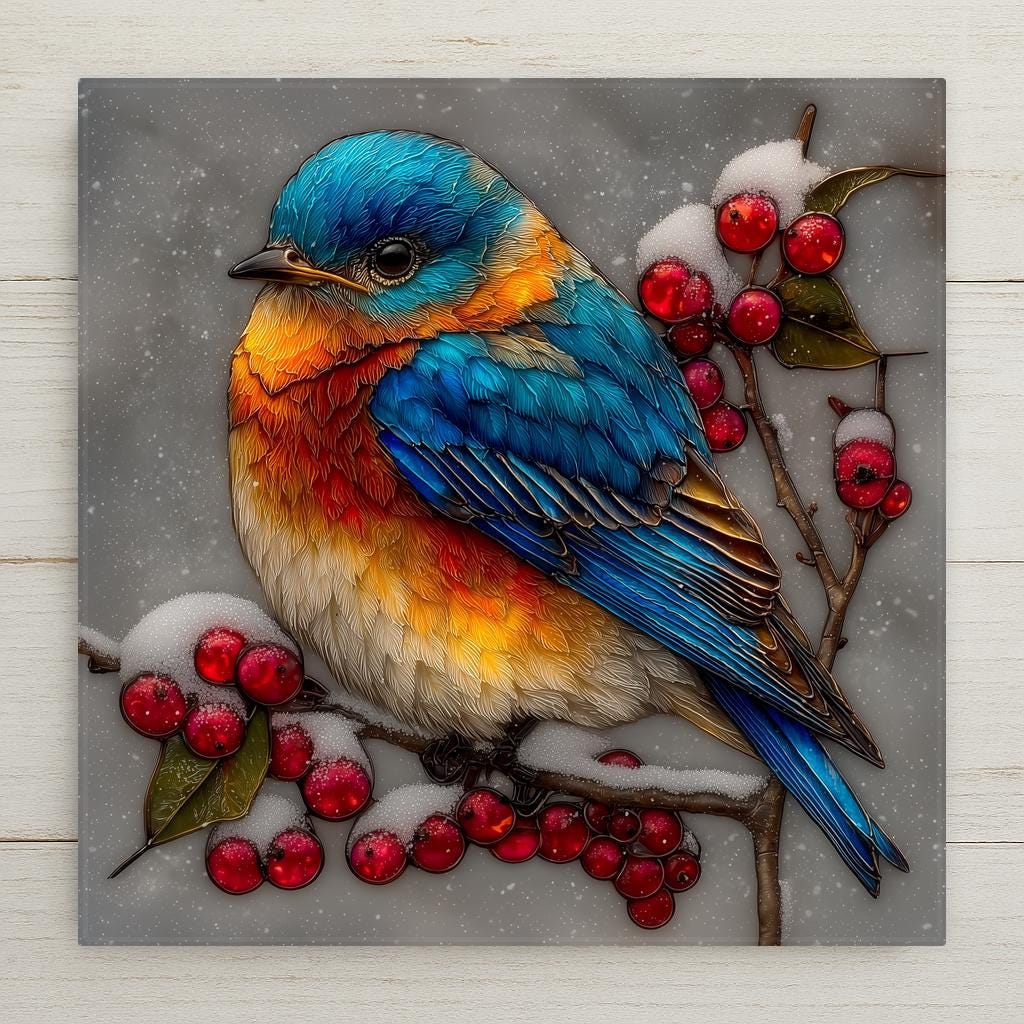 Ceramic art tile depicting a vivid blue Eastern bluebird perched on a snow-dusted holly branch with red berries, rendered in jewel-tone stained glass style with a soft white winter background and falling snow