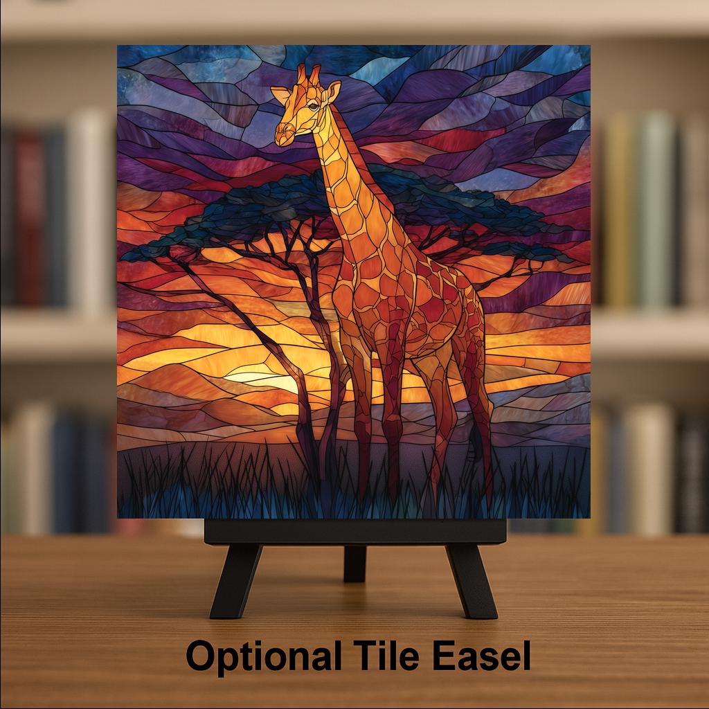 Giraffe Under Acacia Wall Art Ceramic Tile Stained Glass Style Safari Wildlife Gift African Decor Art