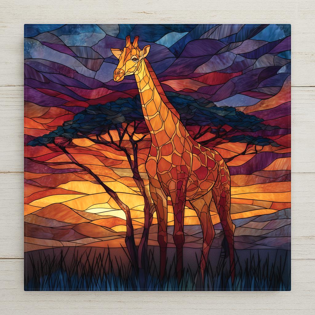Ceramic art tile depicting a majestic giraffe standing beneath an acacia tree on the African savanna at golden hour, rendered in jewel-tone stained glass style with warm amber and golden tones