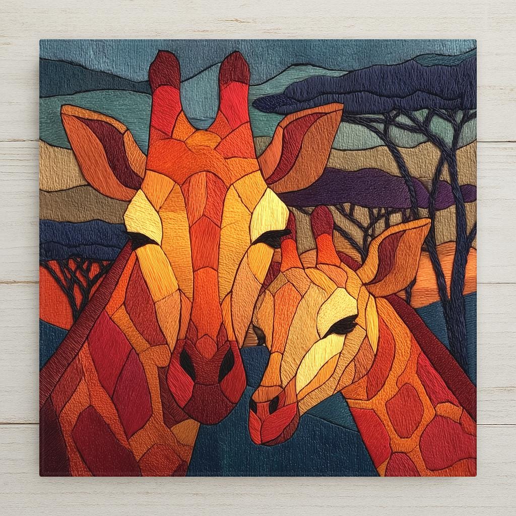 Ceramic art tile depicting a mother giraffe nuzzling her calf on the African savanna at sunset, rendered in jewel-tone stained glass style with warm golden tones and acacia silhouettes