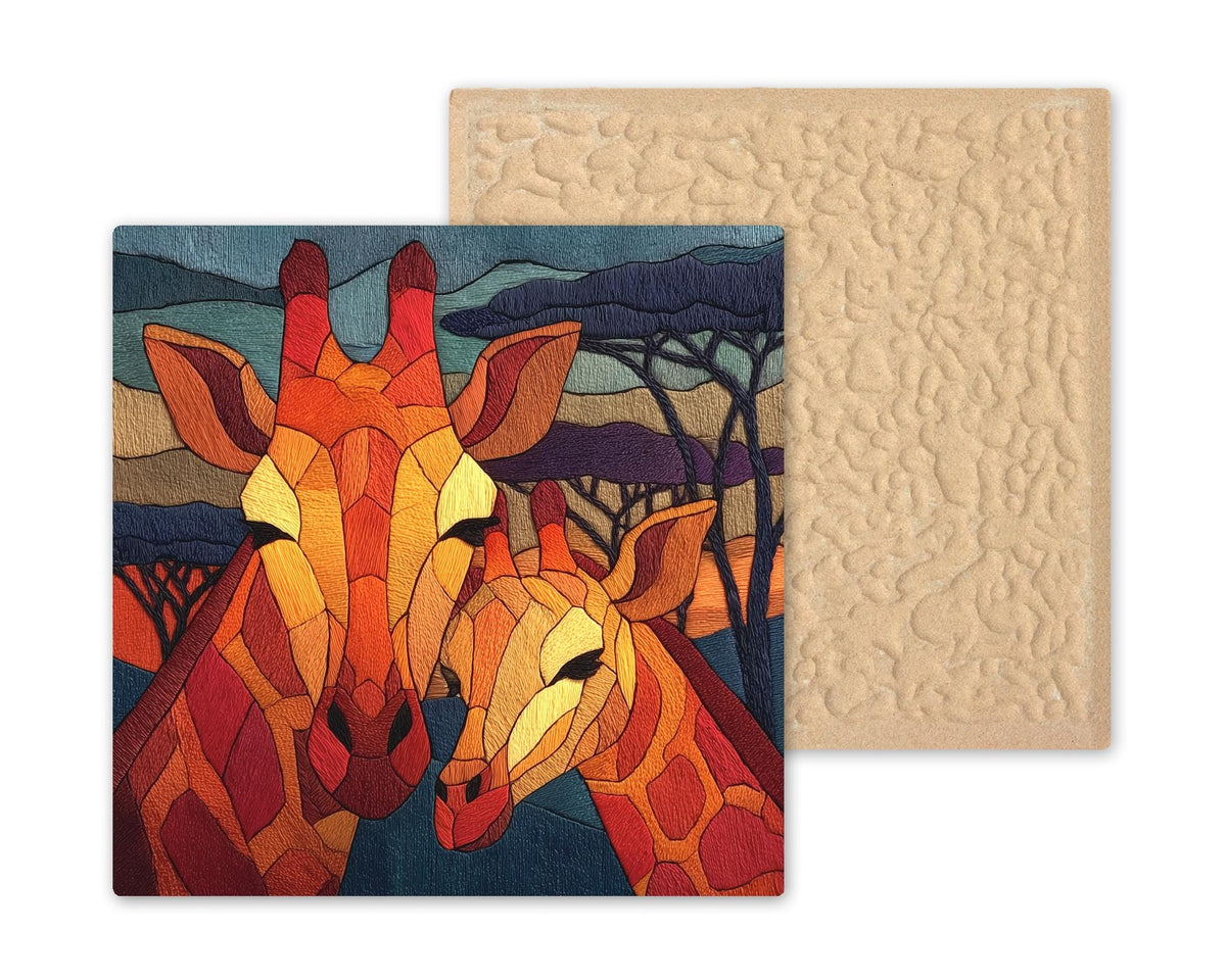 Giraffe Mother Calf Wall Art Ceramic Tile Stained Glass Style Safari Gift African Wildlife Decor Art