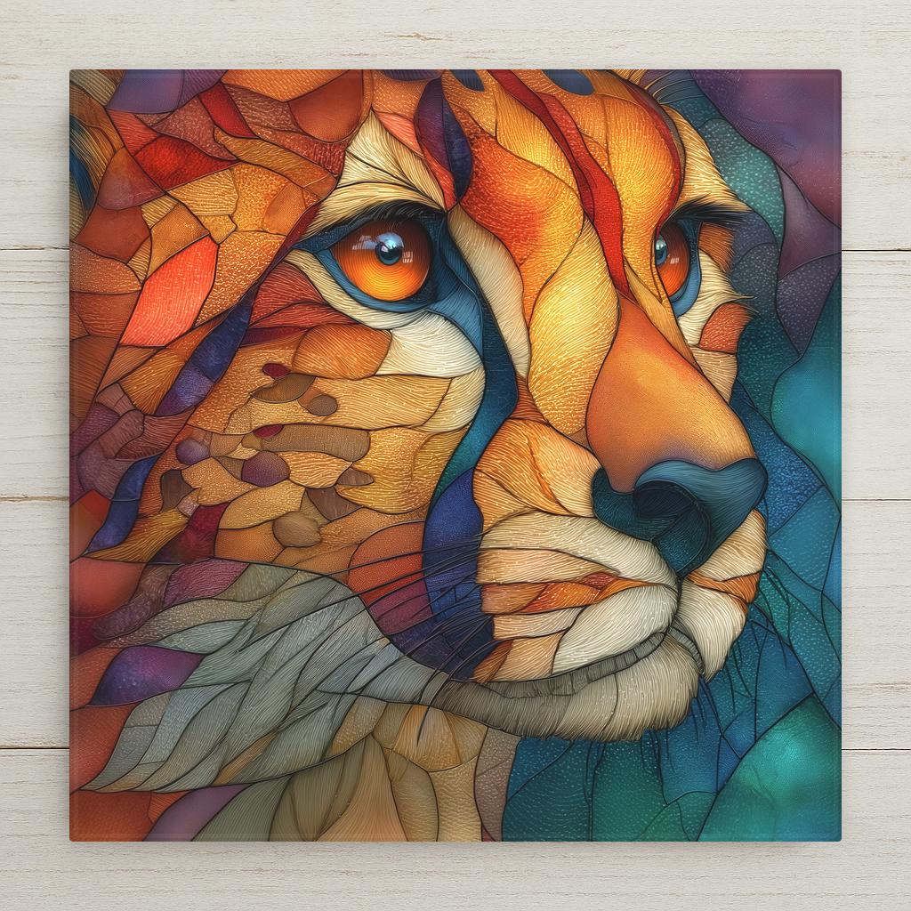 Ceramic art tile depicting a cheetah in close portrait with distinctive tear-streak markings and spotted coat, rendered in jewel-tone stained glass style with piercing amber eyes