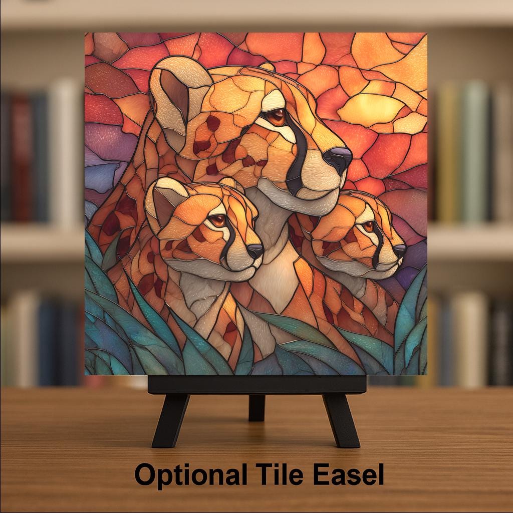 Cheetah Cubs Wall Art Ceramic Tile Stained Glass Style Safari Gift African Wildlife Memorial Decor Art