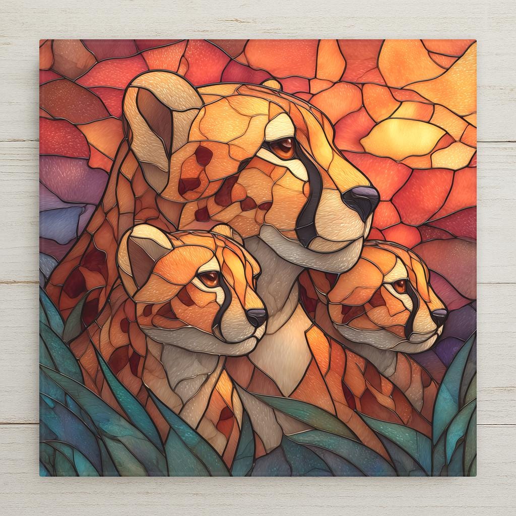 Ceramic art tile depicting a cheetah mother resting in golden savanna grass with two cubs beside her, rendered in jewel-tone stained glass style with warm golden tones