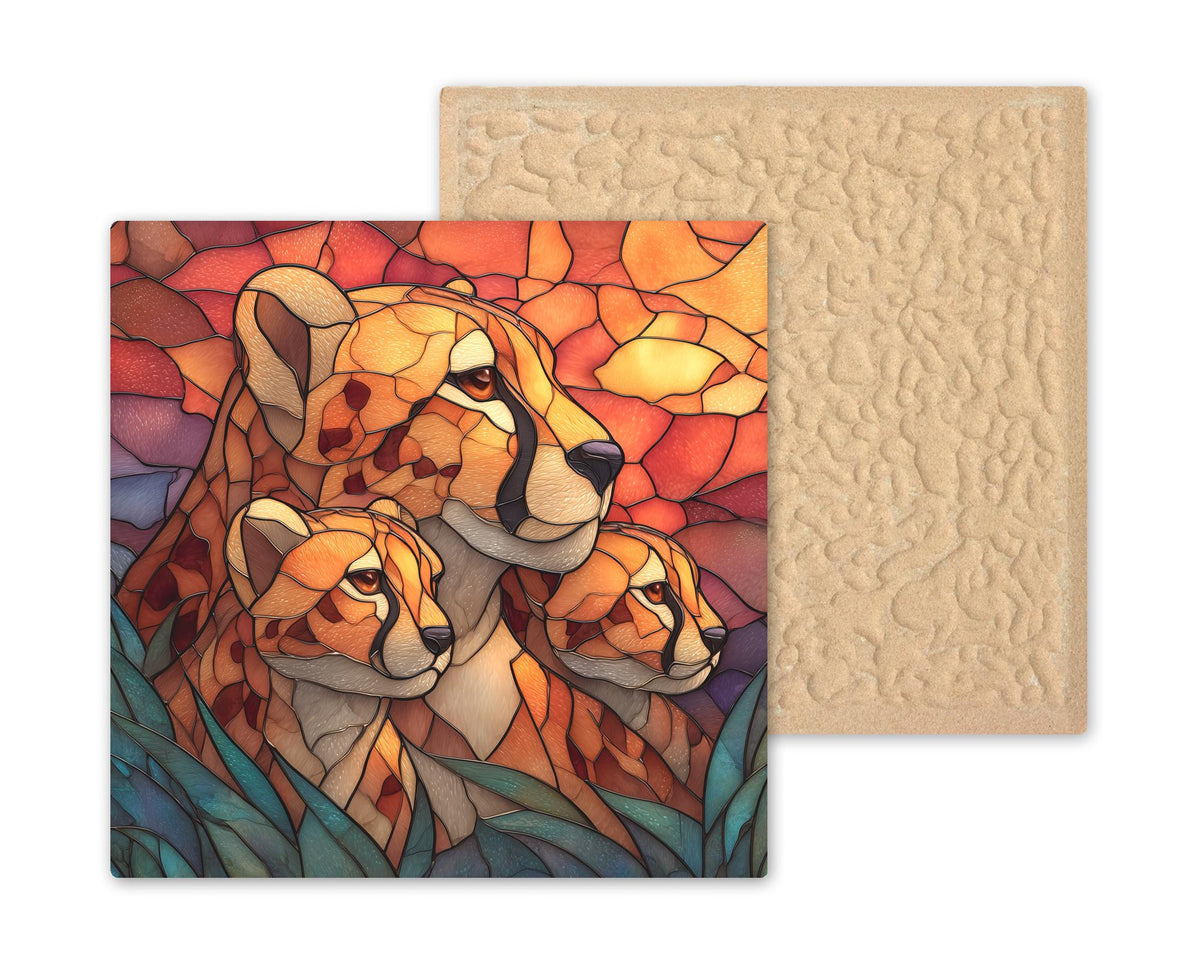 Cheetah Cubs Wall Art Ceramic Tile Stained Glass Style Safari Gift African Wildlife Memorial Decor Art