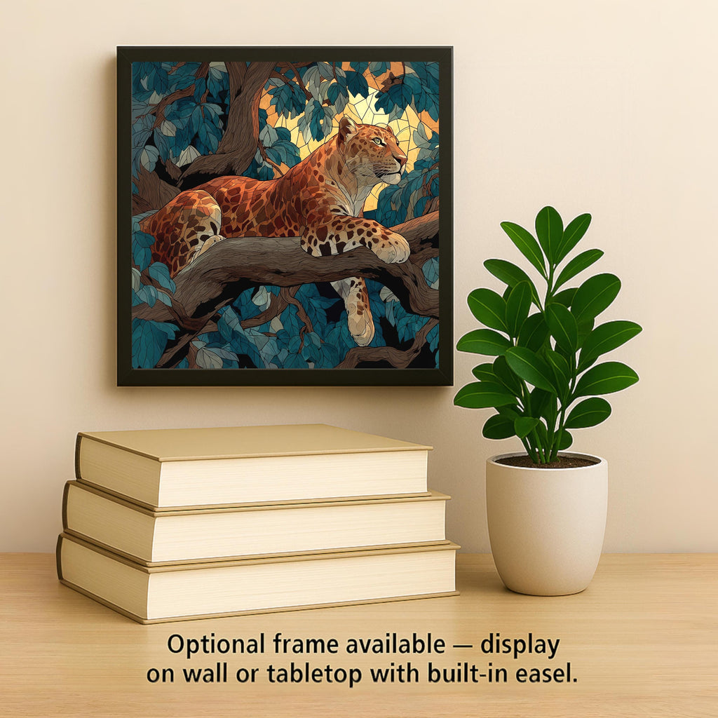 African Leopard in Tree Wall Art Ceramic Tile Stained Glass Style Safari Wildlife Gift Nature Decor Art