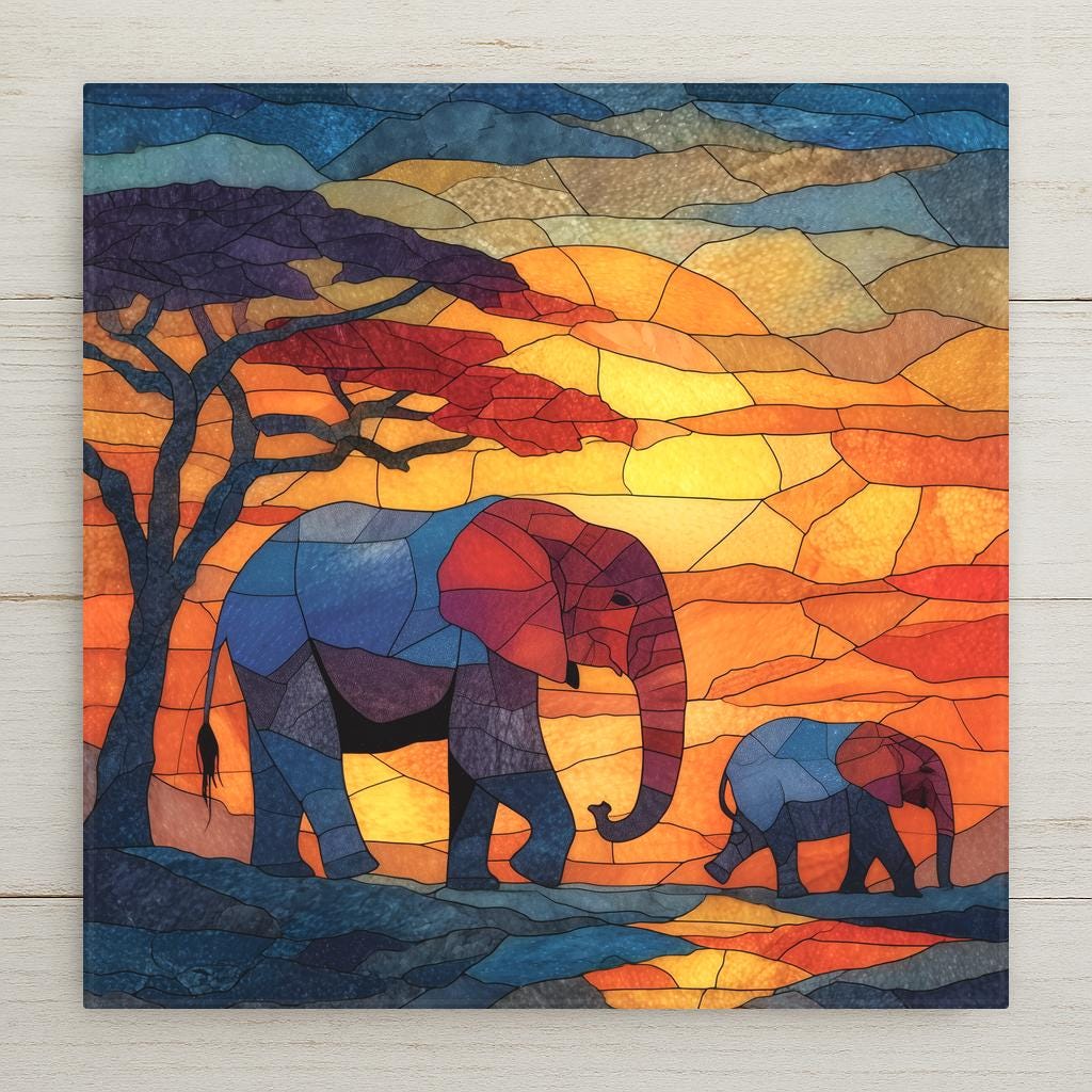 Ceramic art tile depicting a family herd of African elephants including a baby crossing the Serengeti at dusk, rendered in jewel-tone stained glass style with warm ochre sunset tones