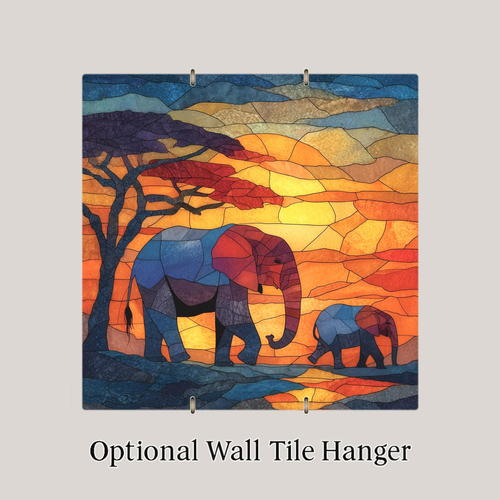 Elephant Family Wall Art Ceramic Tile Stained Glass Style Safari Gift African Wildlife Nature Decor Art