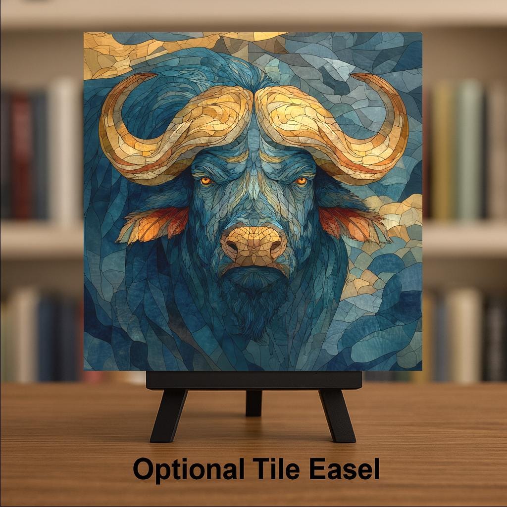Cape Buffalo Wall Art Ceramic Tile Stained Glass Style Safari Wildlife Gift African Nature Decor Art