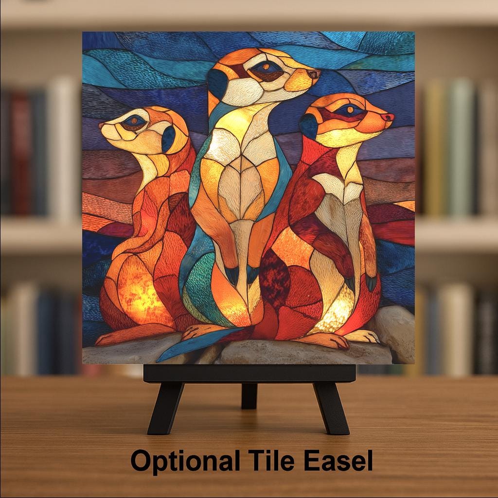 Meerkat Family Wall Art Ceramic Tile Stained Glass Style Safari Wildlife Gift African Nature Decor Art