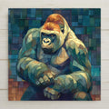 Ceramic art tile depicting a powerful silverback gorilla seated and looking directly at the viewer with calm dignity, rendered in jewel-tone stained glass style with deep forest greens