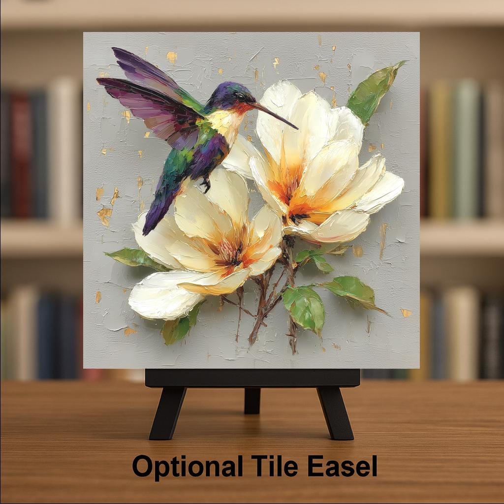 Hummingbird Magnolia Wall Art Ceramic Tile Fine Art Painting Style Bird Lover Gift Birdwatcher Botanical Nature Decor Art Gift for Her