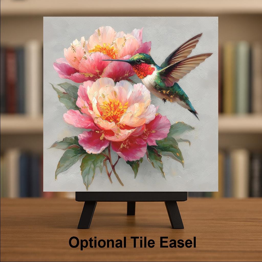 Hummingbird Peony Wall Art Ceramic Tile Fine Art Painting Style Bird Lover Gift Birdwatcher Botanical Floral Nature Decor Art Gift for Her