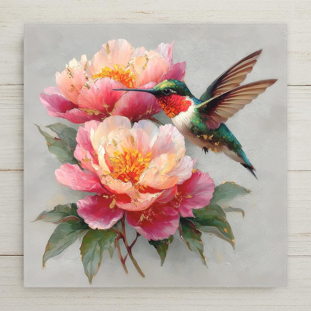 Ceramic art tile depicting a ruby-throated hummingbird hovering beside full blush pink peony blooms in fine art oil painting style with gold leaf accents, warm rose and champagne gold tones
