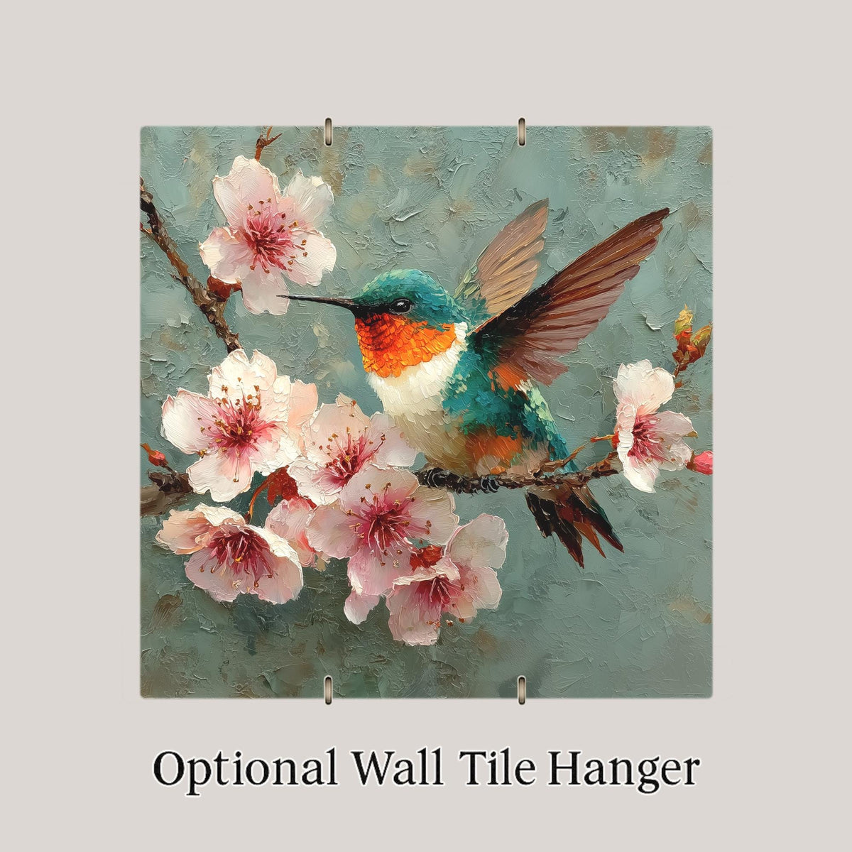 Hummingbird Cherry Blossom Wall Art Ceramic Tile Fine Art Painting Style Bird Lover Gift Birdwatcher Botanical Nature Decor Art Gift for Her
