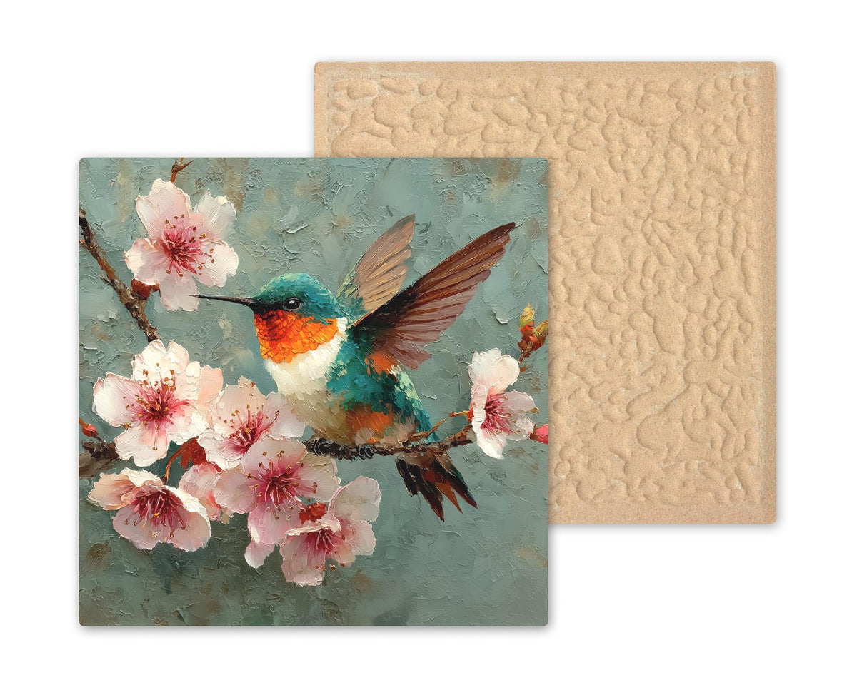Hummingbird Cherry Blossom Wall Art Ceramic Tile Fine Art Painting Style Bird Lover Gift Birdwatcher Botanical Nature Decor Art Gift for Her