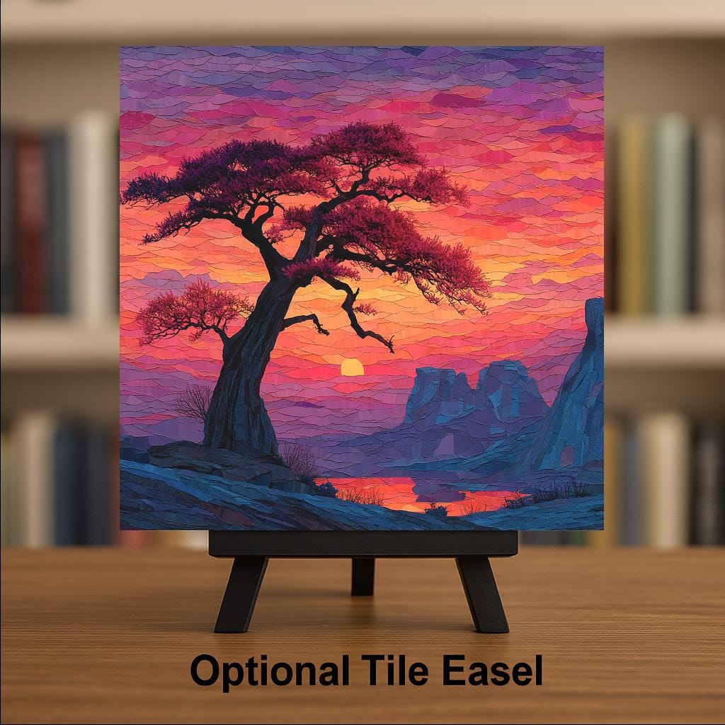 Baobab Tree African Sunset Wall Art Ceramic Tile Stained Glass Style Safari Gift Nature Landscape Decor
