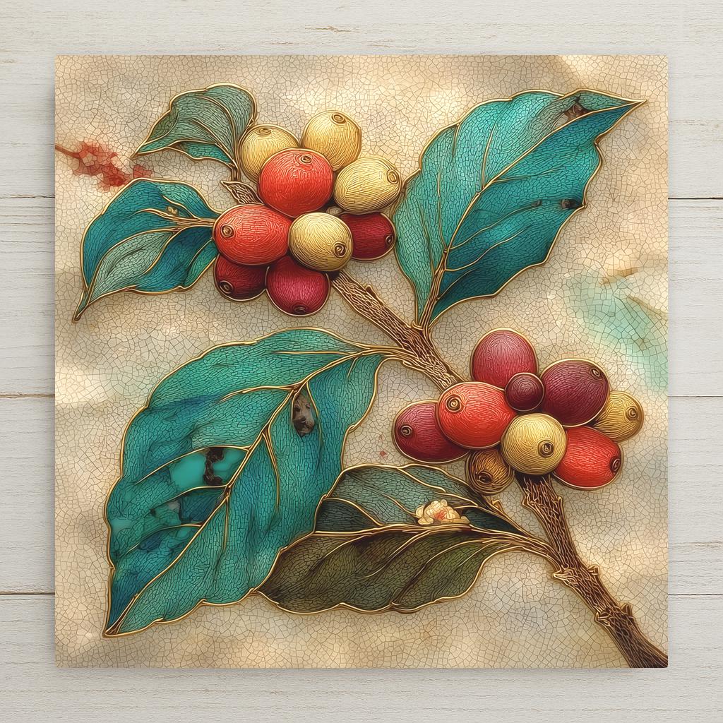 Ceramic art tile depicting a coffee plant branch with deep green leaves, clusters of red coffee cherries and coffee beans, rendered in jewel-tone stained glass Art Nouveau style with rich earthy tones