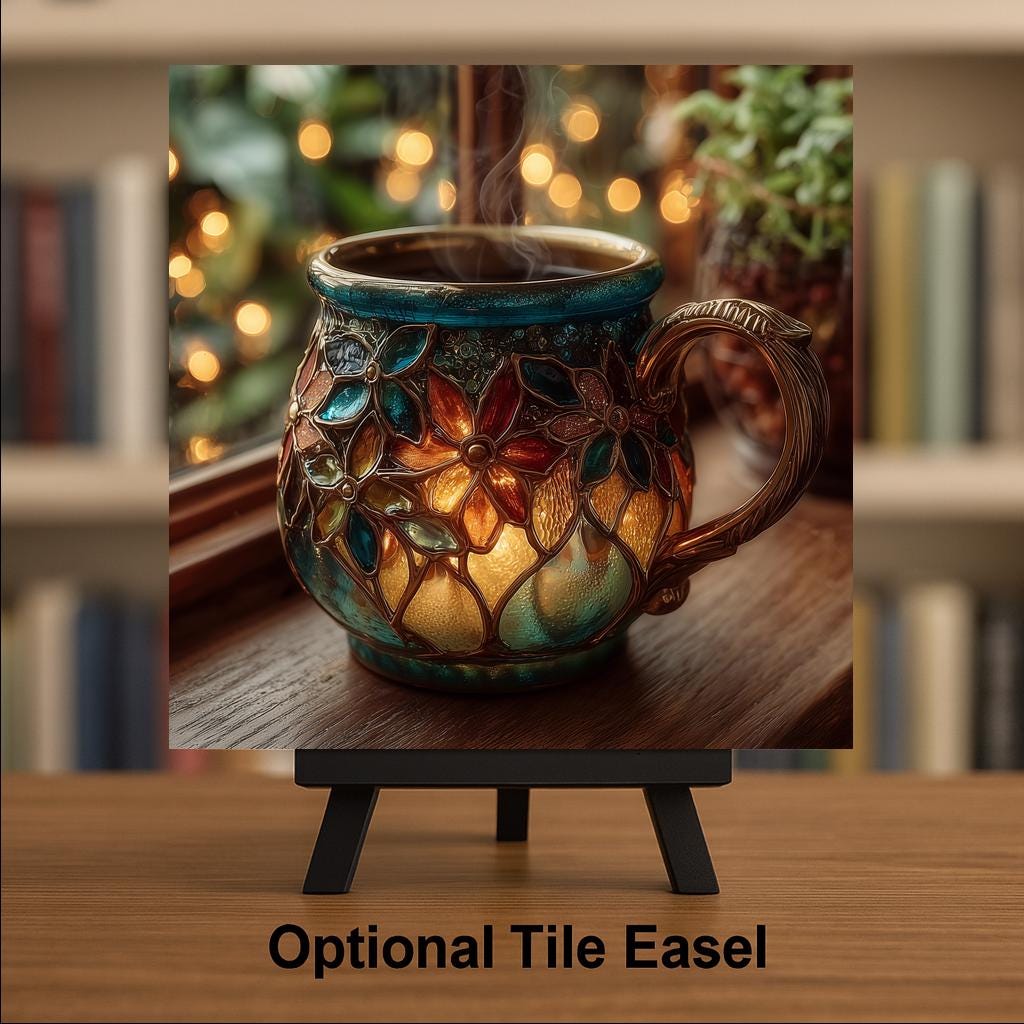 Coffee Mug Wall Art Ceramic Tile Stained Glass Style Coffee Lover Gift Morning Decor Kitchen Art Gift for Her Cozy