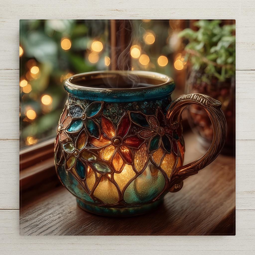 Ceramic art tile depicting a steaming coffee mug on a windowsill with morning light streaming through and a garden view behind the glass, rendered in jewel-tone stained glass style with soft warm amber and golden morning tones