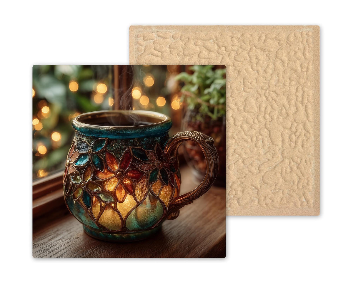 Coffee Mug Wall Art Ceramic Tile Stained Glass Style Coffee Lover Gift Morning Decor Kitchen Art Gift for Her Cozy