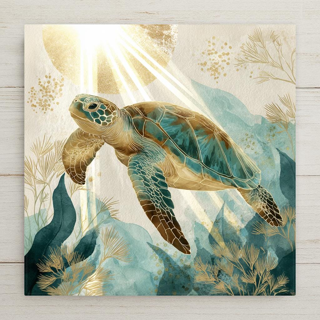 Watercolor sea turtle ceramic art tile gliding through aqua water with seagrass in teal and sandy gold.
