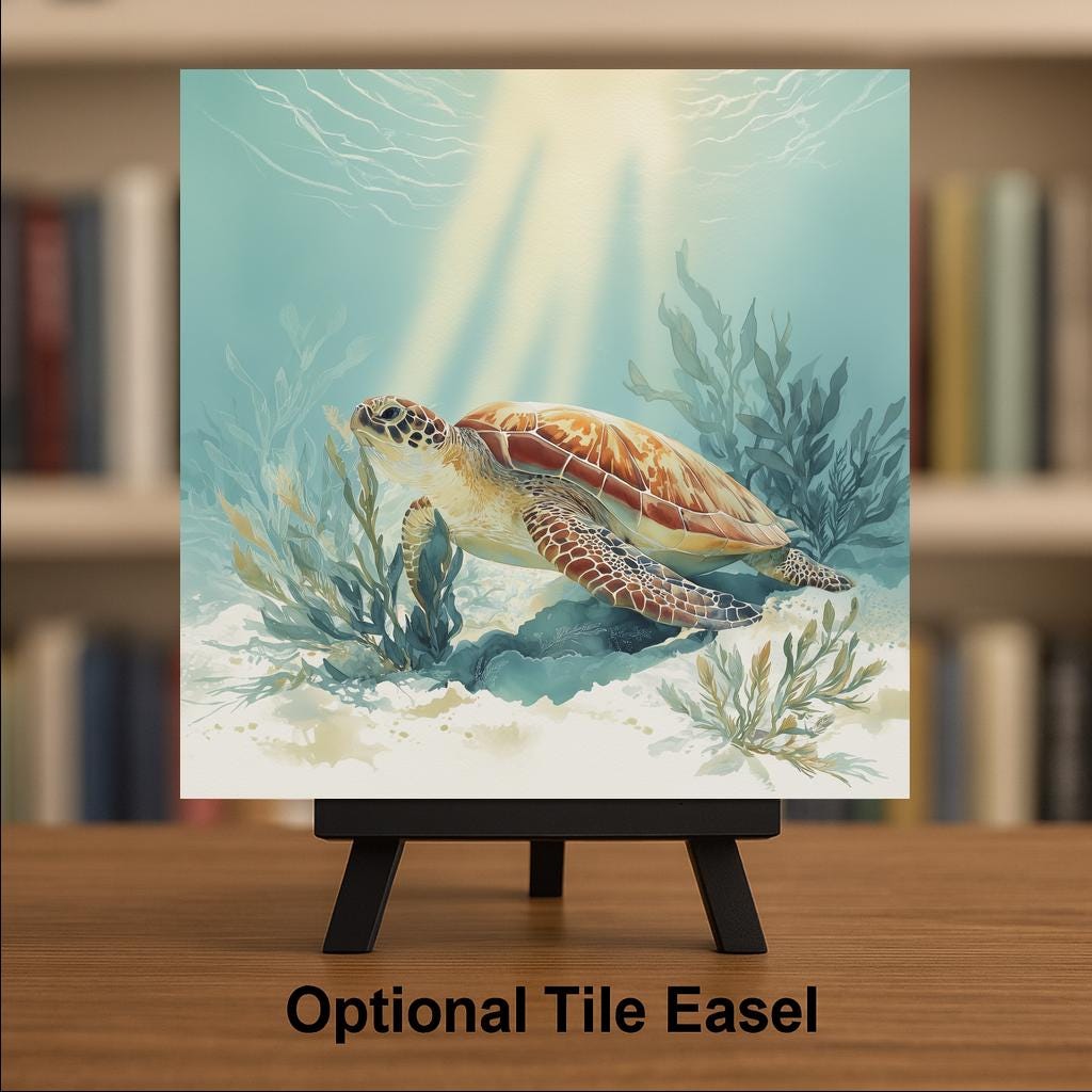 Coastal Watercolor Ceramic Art Tile: Beach House Wall Decor Ocean Sea Turtle Bathroom Home Decor Wall Art