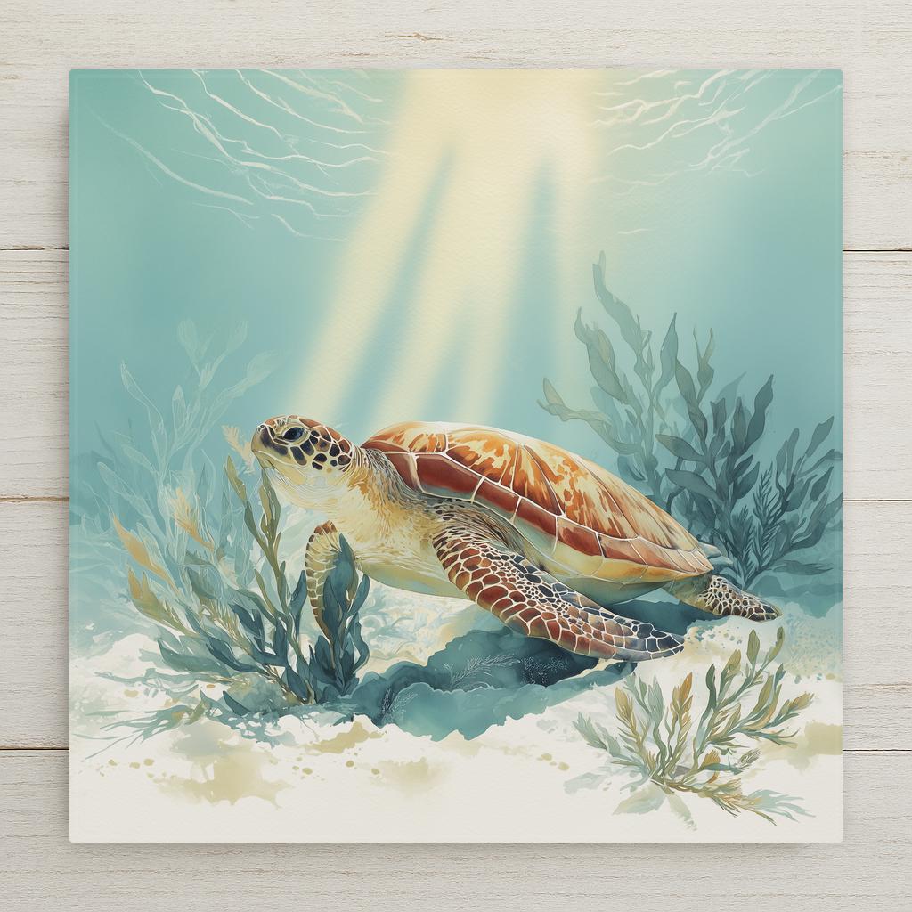 Coastal watercolor ceramic art tile with a sea turtle and seagrass in aqua, teal and seafoam, beach house style.