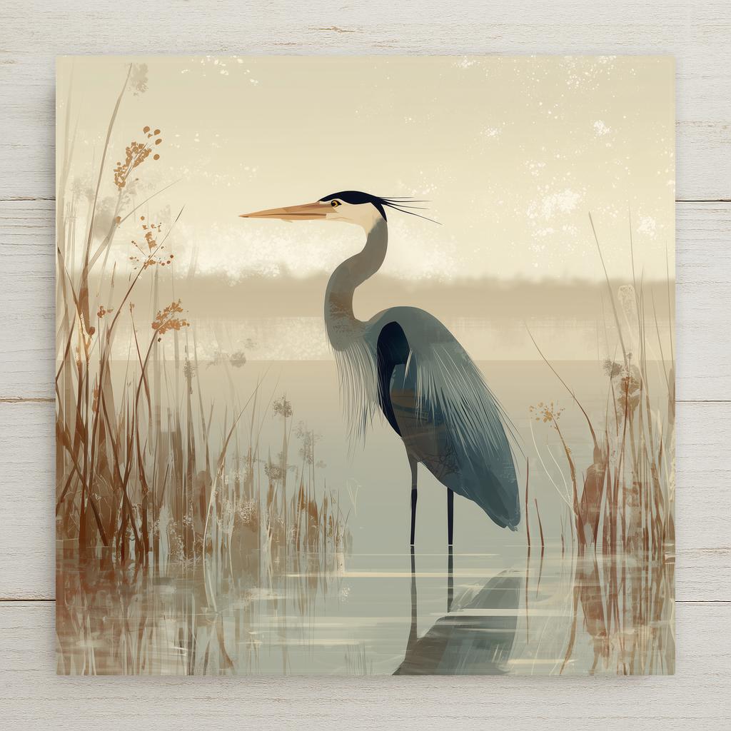 Great blue heron ceramic art tile standing in a marsh with reeds in soft blue grey, sage and cream.