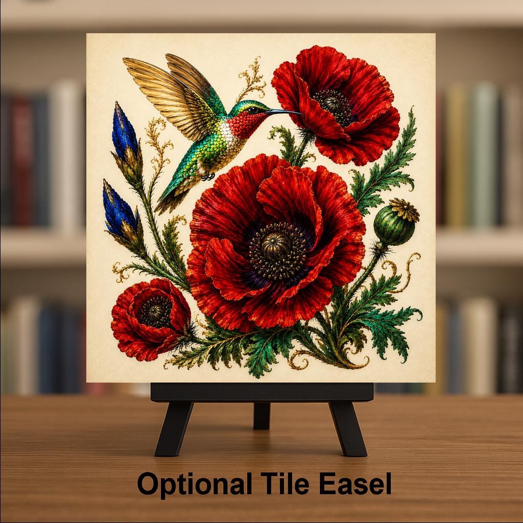 Ruby Poppy Hummingbird Ceramic Art Tile: Jewel Tone Floral Wall Decor Botanical Home Decor Wall Art